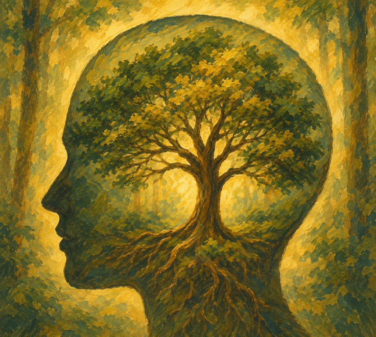 Personal growth and self-awareness Silhouette of a head containing a flourishing tree, representing growth and self-awareness